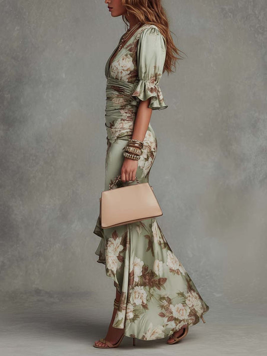 Anastasia | Vestido largo de raso con estampado floral