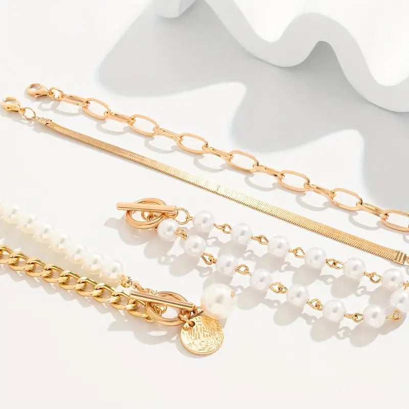 Conjunto de pulseras elegantes en oro (4 piezas): serpiente, perlas y eslabones
