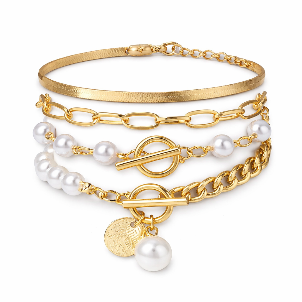 Conjunto de pulseras elegantes en oro (4 piezas): serpiente, perlas y eslabones