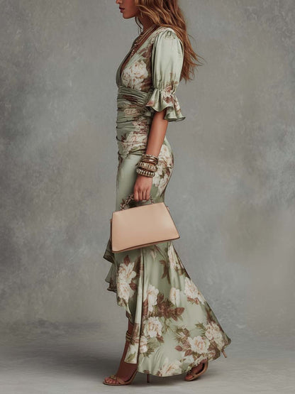 Anastasia | Vestido largo de raso con estampado floral