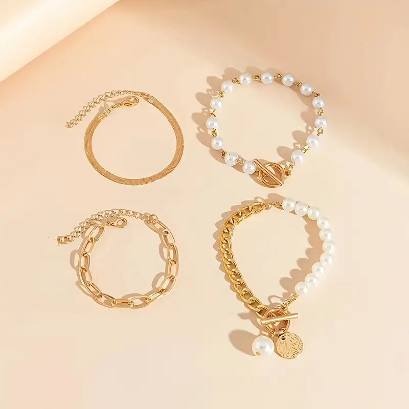 Conjunto de pulseras elegantes en oro (4 piezas): serpiente, perlas y eslabones