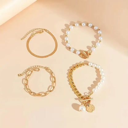 Conjunto de pulseras elegantes en oro (4 piezas): serpiente, perlas y eslabones