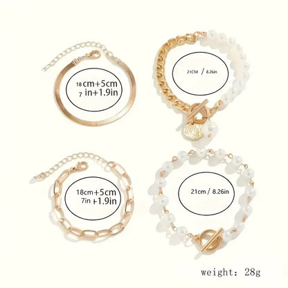 Conjunto de pulseras elegantes en oro (4 piezas): serpiente, perlas y eslabones